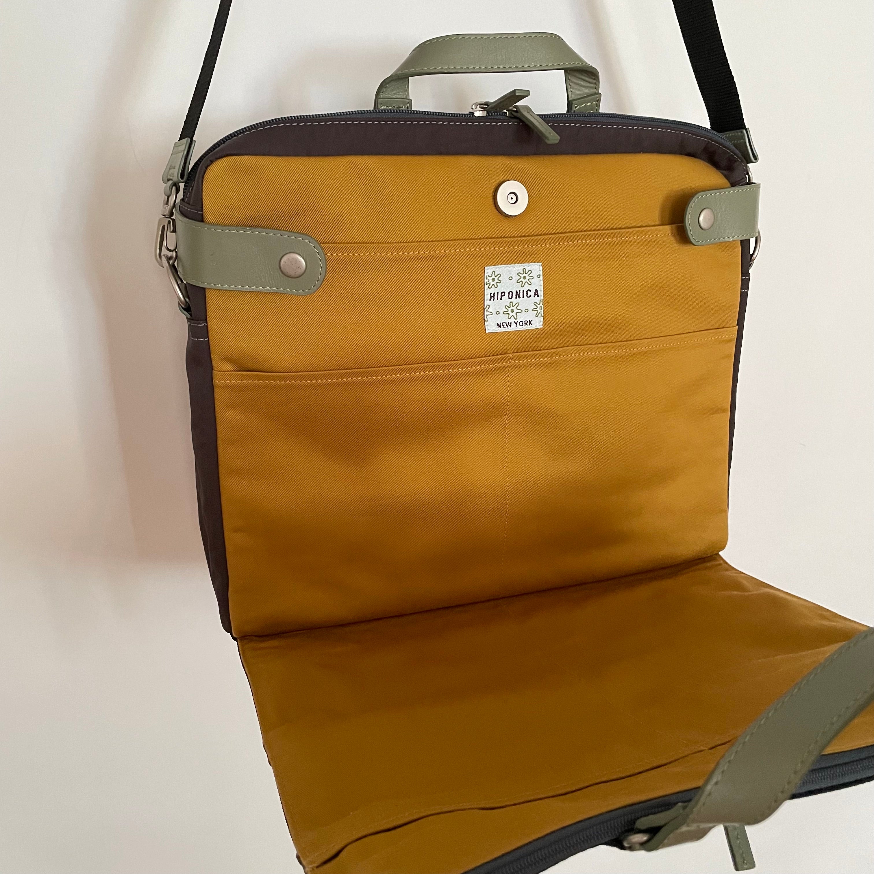 Premium Collection | Nylon x Leather Briefcase with Stripe Stitch Accents | Black x Sage